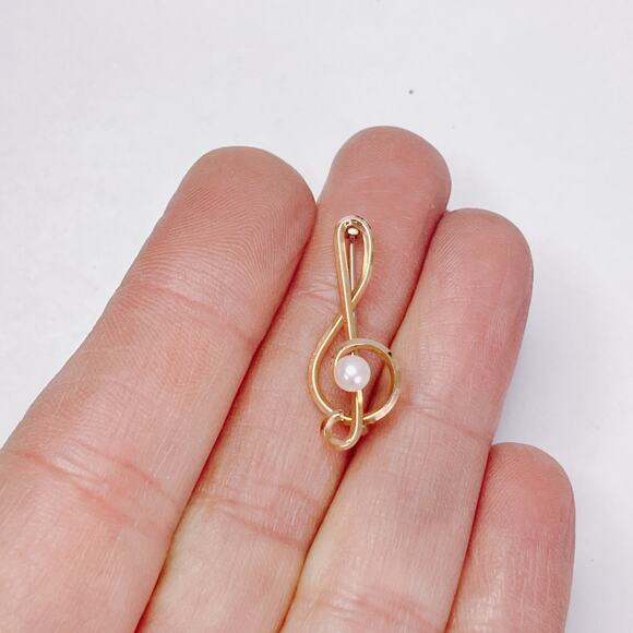 Vintage Signed Krementz Gold Filled Treble Clef Pearl Brooch Music - Picture 2 of 10